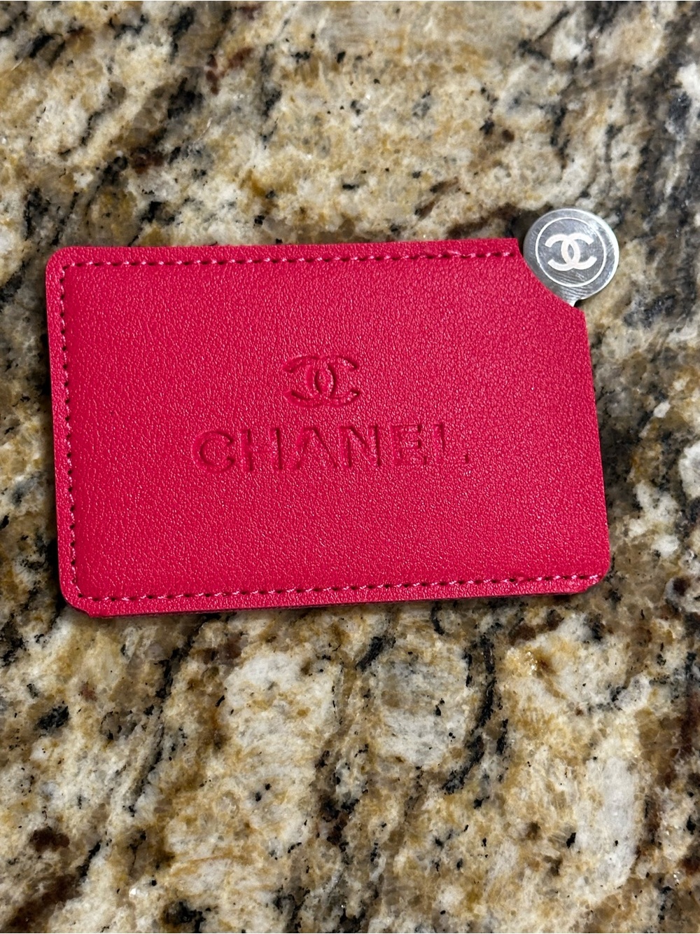 CHANEL Bright Pink Embossed Leather Card Sleeve with mirror